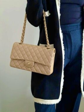 Quilted Beige Leather Medium Classic Double Flap Bag